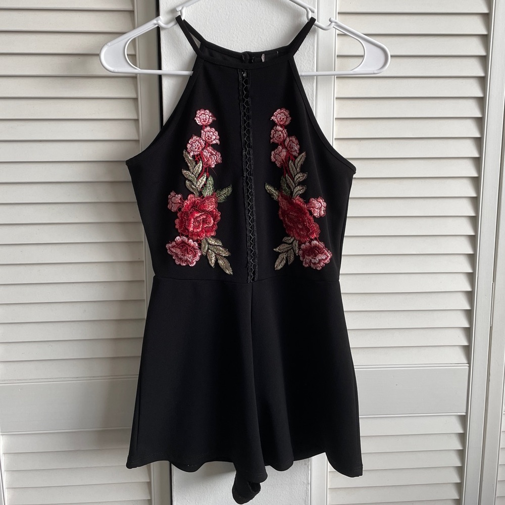 2 FOR $10 SALE - Black Halter Romper Playsuit Rose Embroidered from Windsor